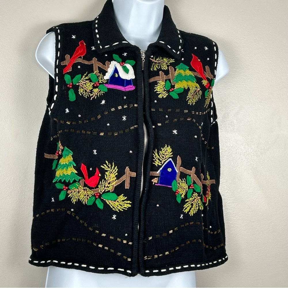Designers Originals Christmas Sweater Vest Size PM‎ Holly Cardinal Black Zip